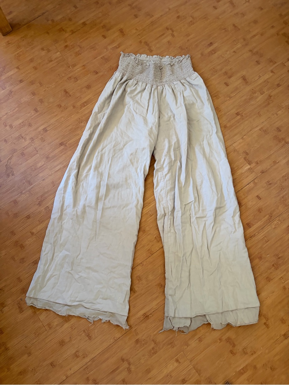 Wide Leg Smocked Waist Pants - Cream